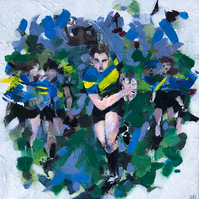Semi abstract artwork female rugby player running with the ball