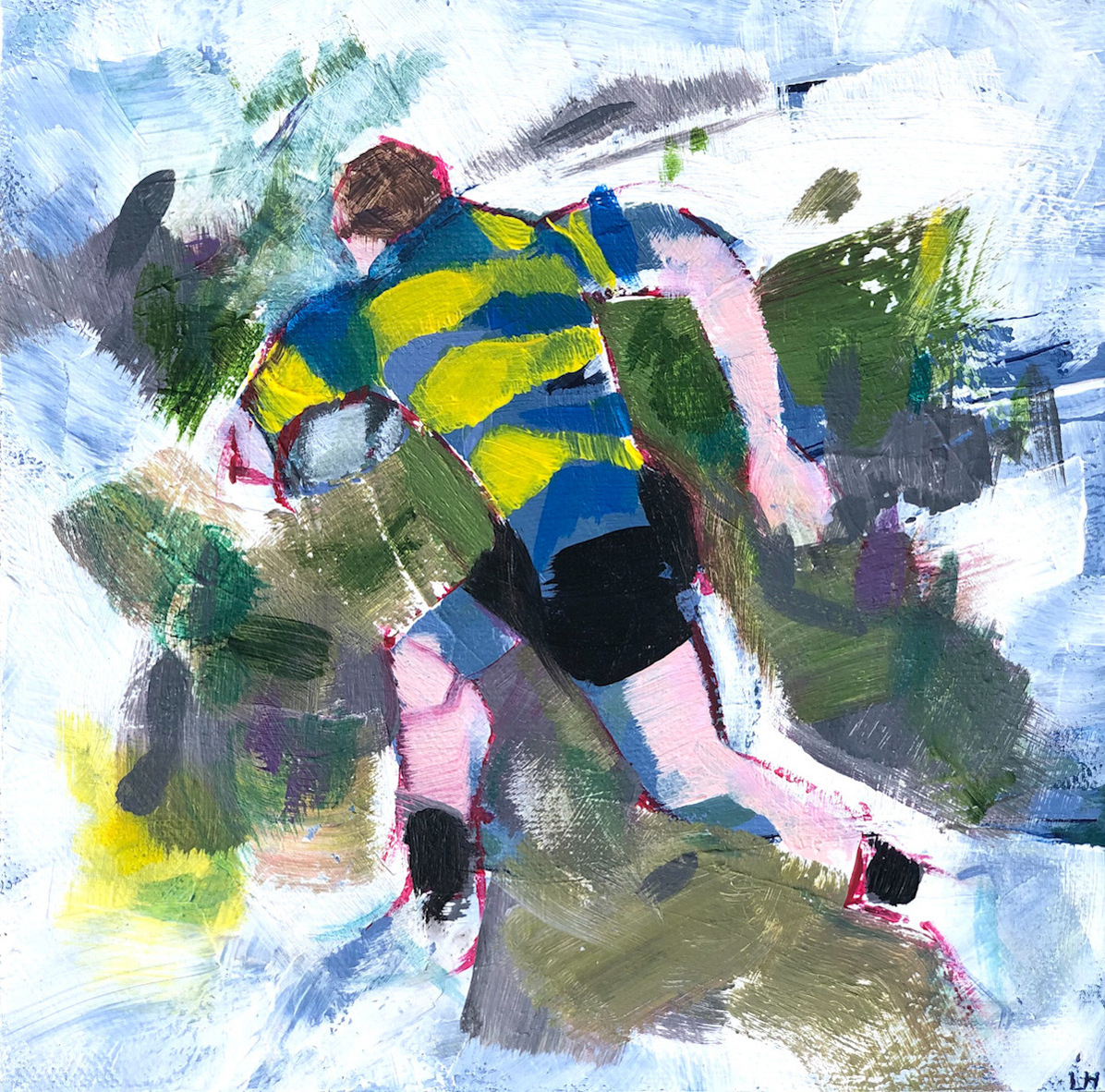A semi-abstract artwork of a rugby player making a break for it.  He is running head down, elbow high powering into the clear with victory on his mind.