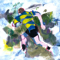 Semi abstract artwork rugby player making a break 