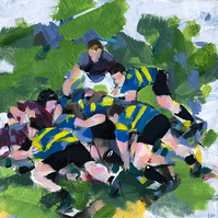 Semi-abstract painting of a rugby scrum in vibrant greens and club colours
