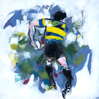 Semi abstract painting of a rugby player twisting to pass the ball across his body