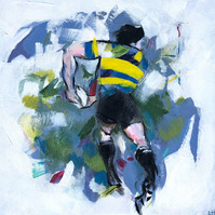 Semi abstract painting of a rugby player twisting to pass the ball across his body