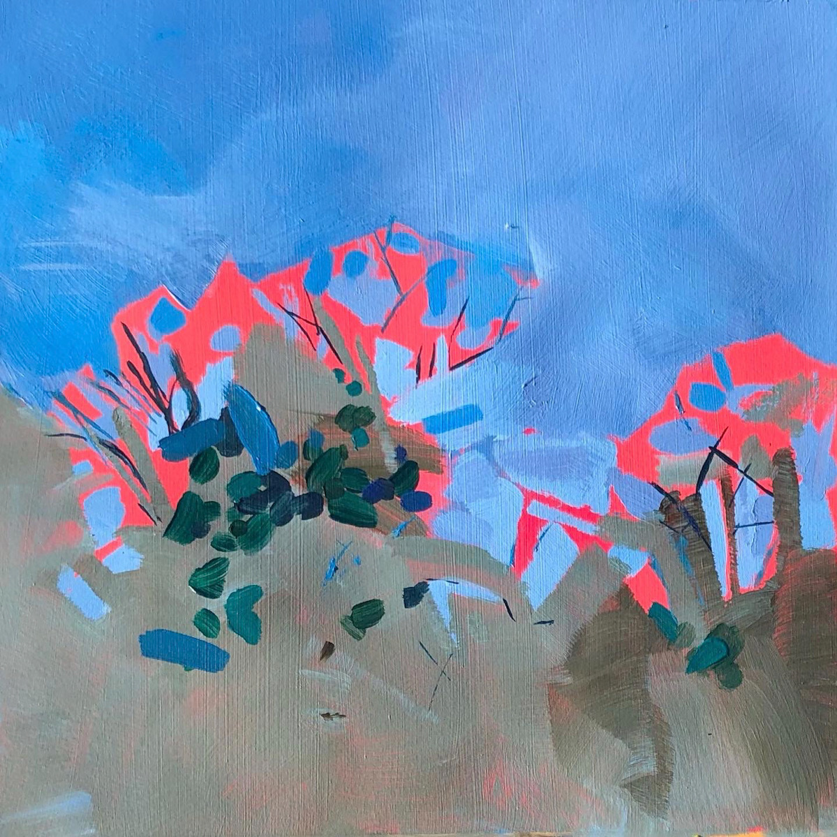 An acrylic painting with an abstracted tree line with bright orange pops of colour as well as brown bracken and bough lines.
