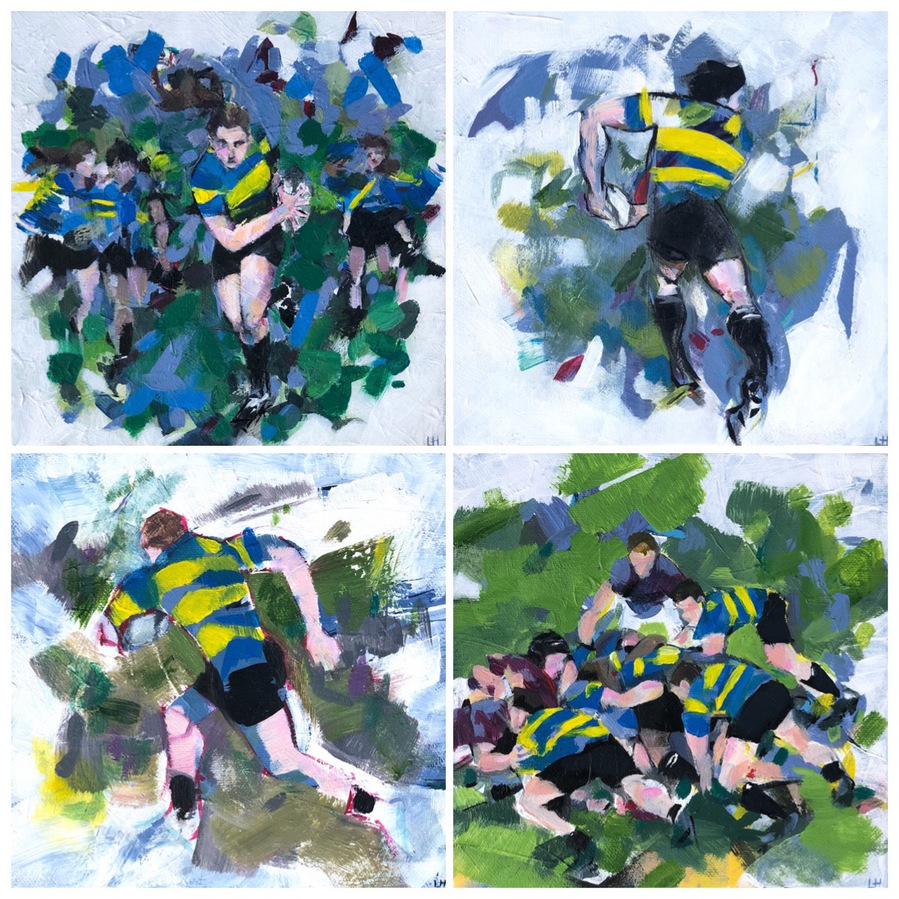 A collage of the four rugby artworks, players running, passing and a group in a scrum, all depicted in an semi-abstract, dynamic style.