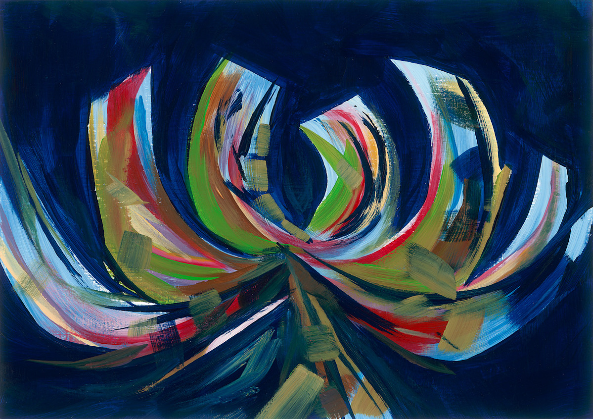 Abstract artwork with a background in dark prussian blue and forms like the opening petals of a strange plant in leaf green, red, sky blue and turquoise. 