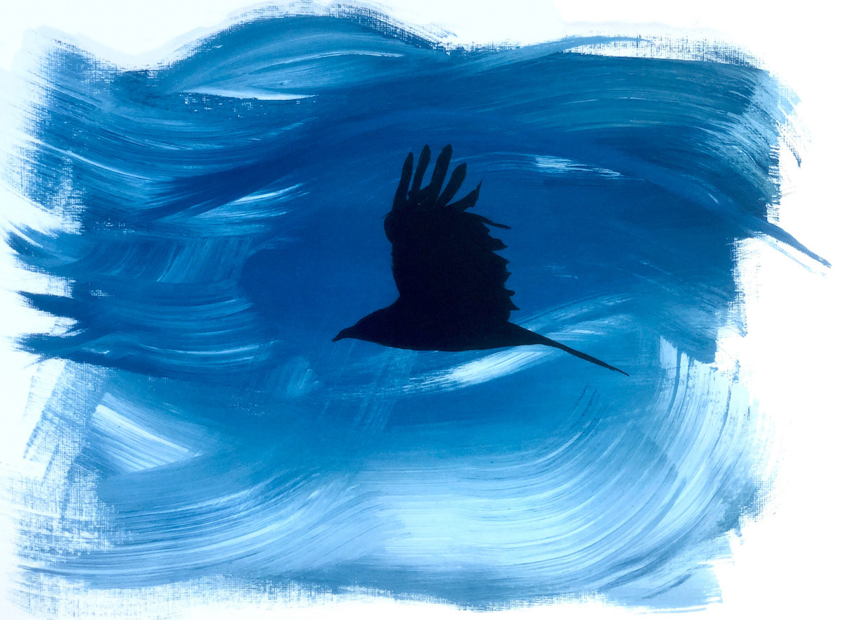 artwork of a blue moving sky, with swathes of a deep surf blue mixed with white, in the centre of the image flies a jet black crow wings aloft.