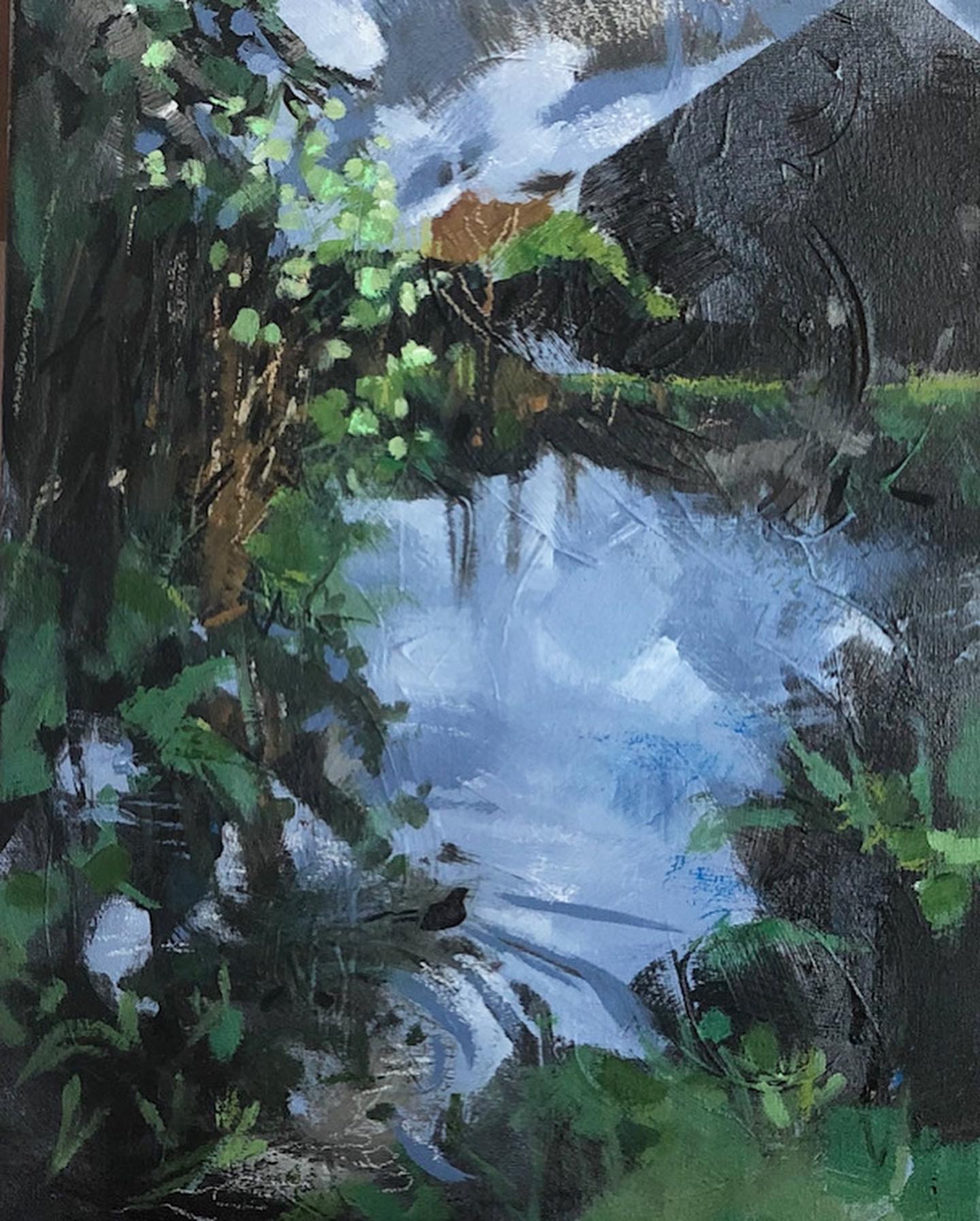 An abstract acrylic painting of a pond surrounded by trees and vegetation, a small black moorhen swims in the foreground.