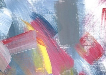 Abstract acrylic painting detail in rose pink, lemon yellow, stormy grey and light blues.