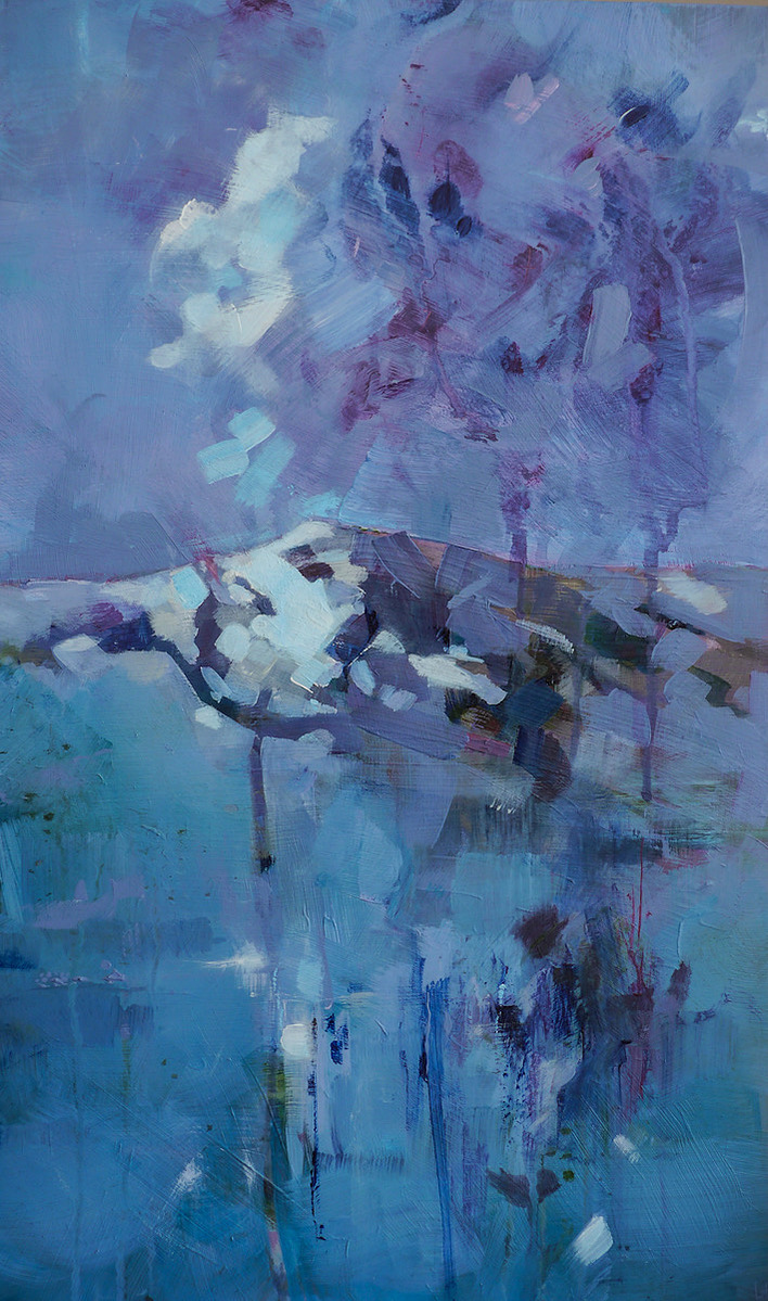 An abstract merging of a mountain between loch below and sky above in turquoise, purples and ice blues.