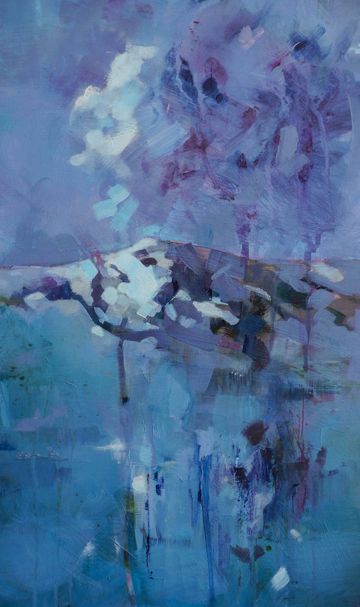an acrylic painting in blues and purples of an abstract mountain reflected in a loch, clouds, drips and ripples intertwine to create atmosphere and a sense of place.