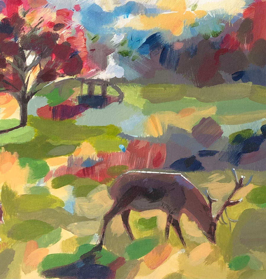 Red deer stag grazing in evening light detail of landscape painting.