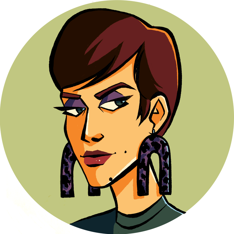 Digital illustration self-portrait of a woman with short brown hair, large vintage tortoiseshell earrings, in front of a green background.