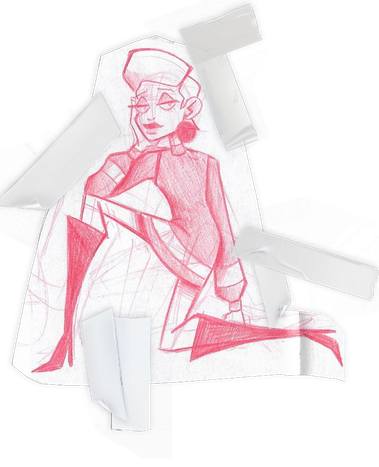 Paper cut out with pieces of tape attached to it depicting a white-haired woman with a pixie cut kneeling in a 60s a-line dress and knee-high boots.
