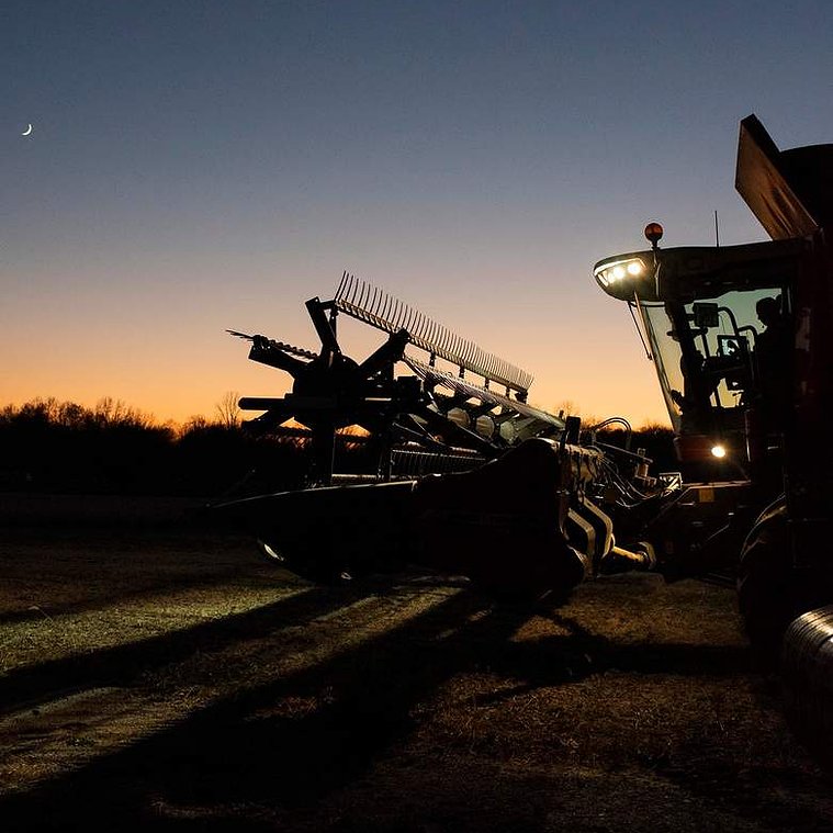 Mike Lutmer sits in his combine after plowing part of a field on Nov 17, 2020. Lutmer had to stop plowing the field after noticing the transmission wasn’t allowing him to switch gears. “Just another roadblock that is slowing us down”, Lutmer says after re