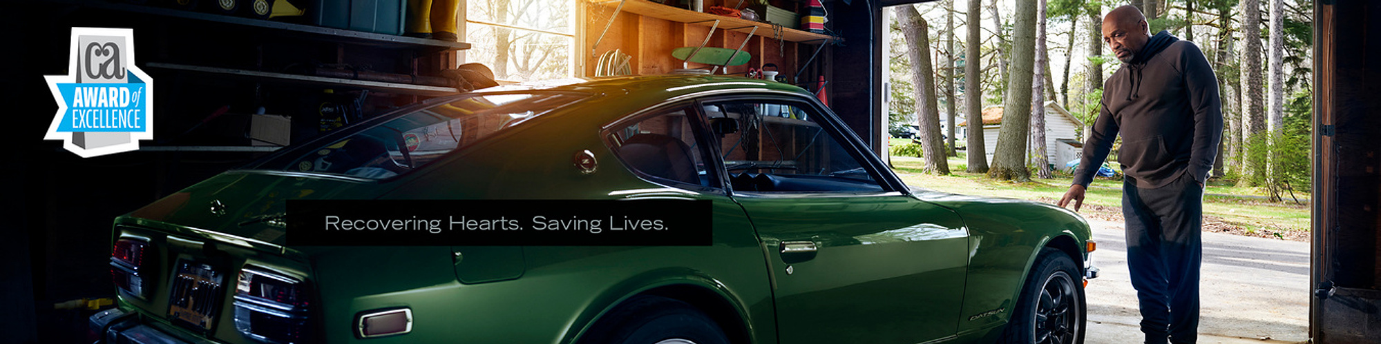 senior male with classic car, datsun 280Z, healthcare, heart pump, commercial advertising photogrpahy