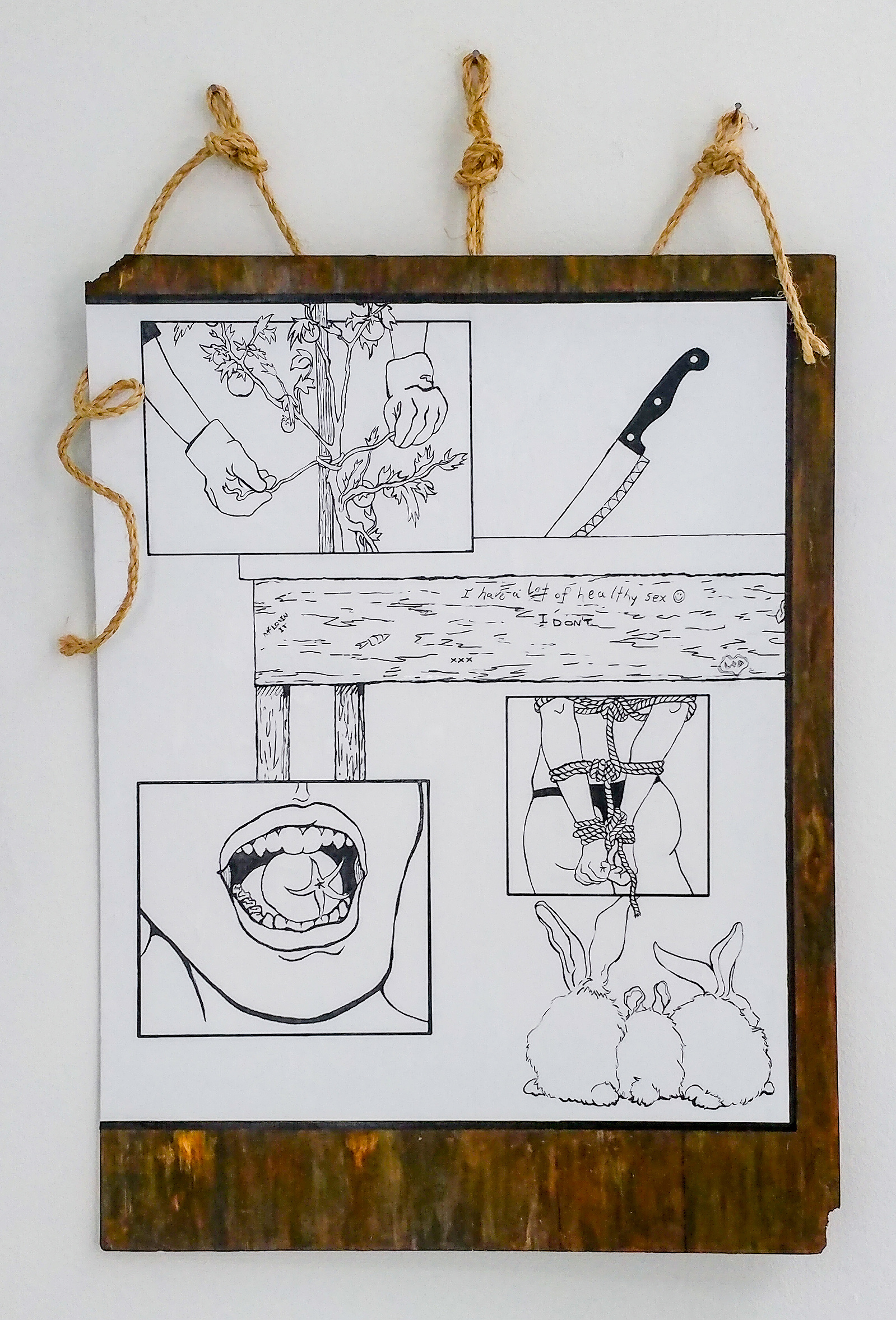 Comic book style painting of tomatoes, a knife, bunnies, and BDSM figures suspended by rope.