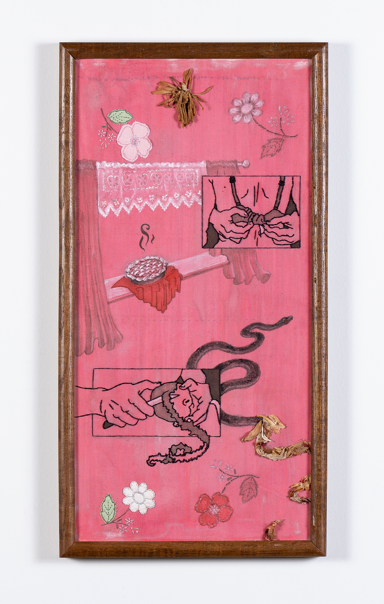Embroidery, painting, and dried flowers depicting the many facets of female sexuality