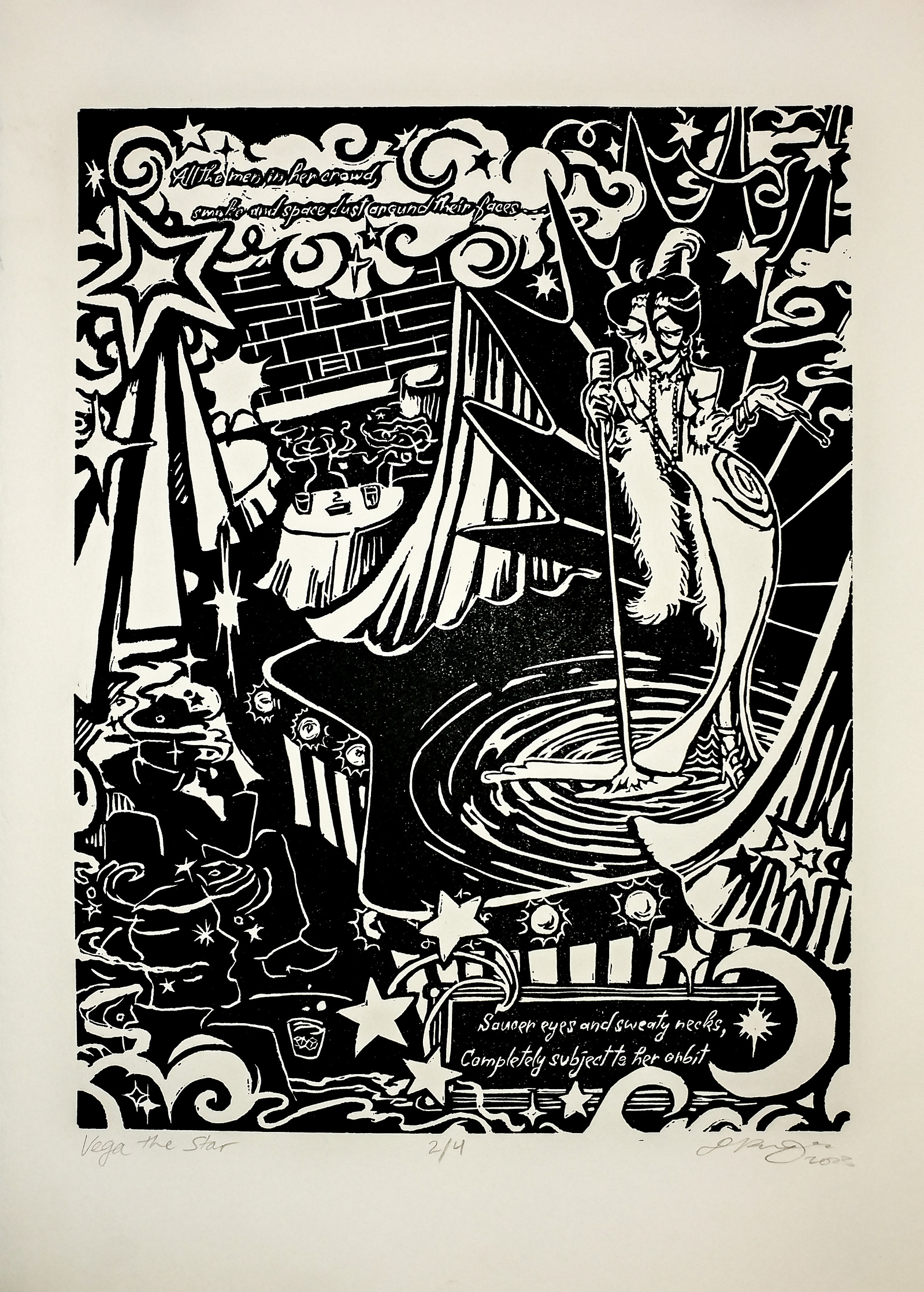 Linocut printmaking image of a lounge singer with original short story excerpt