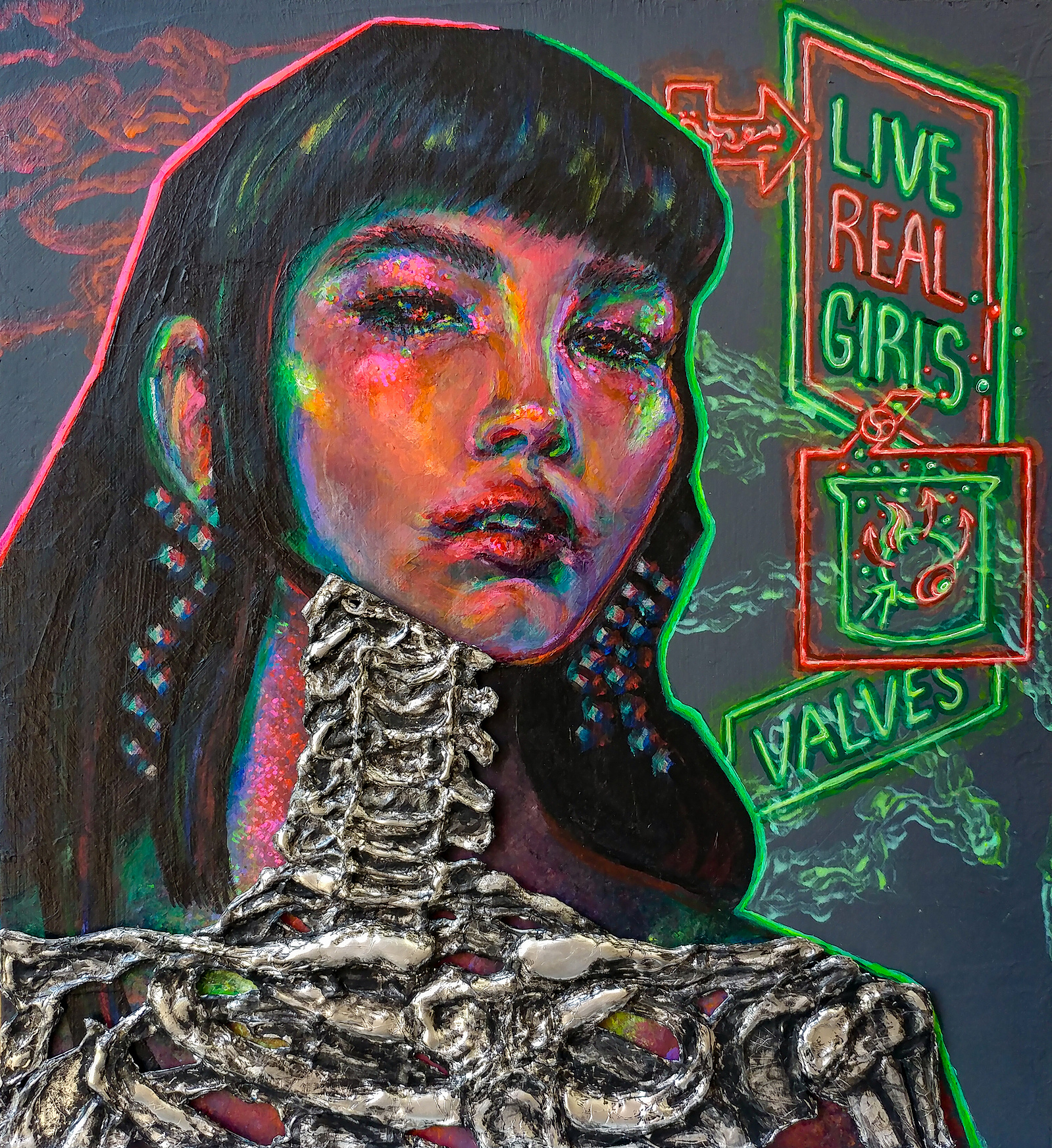 glowing teen girl vampire cyborg with an aluminum skeleton. neon signs behind her