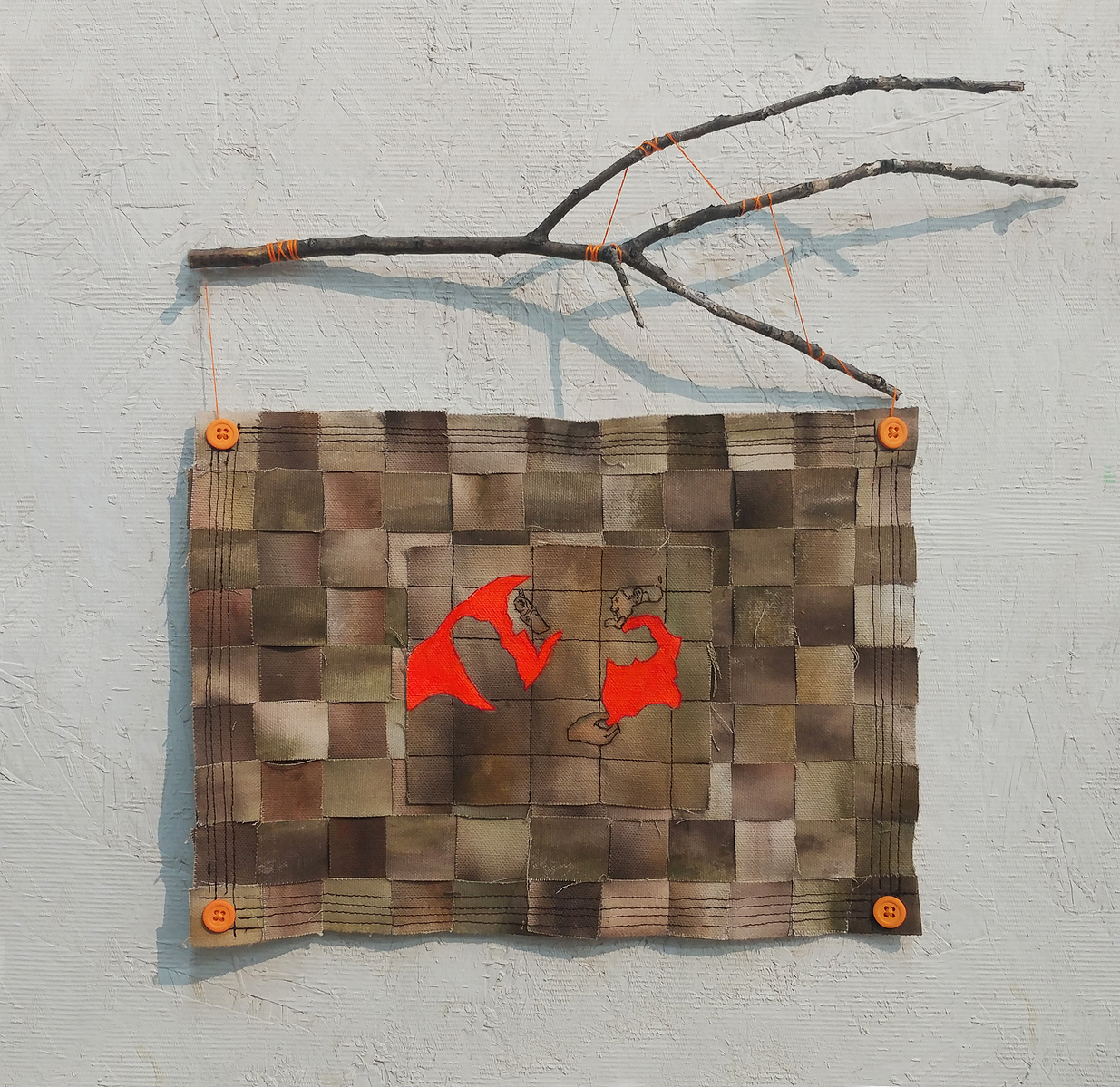 Minimalist image of father and son wearing hunting vests, on double woven canvas, and suspended from an oak branch