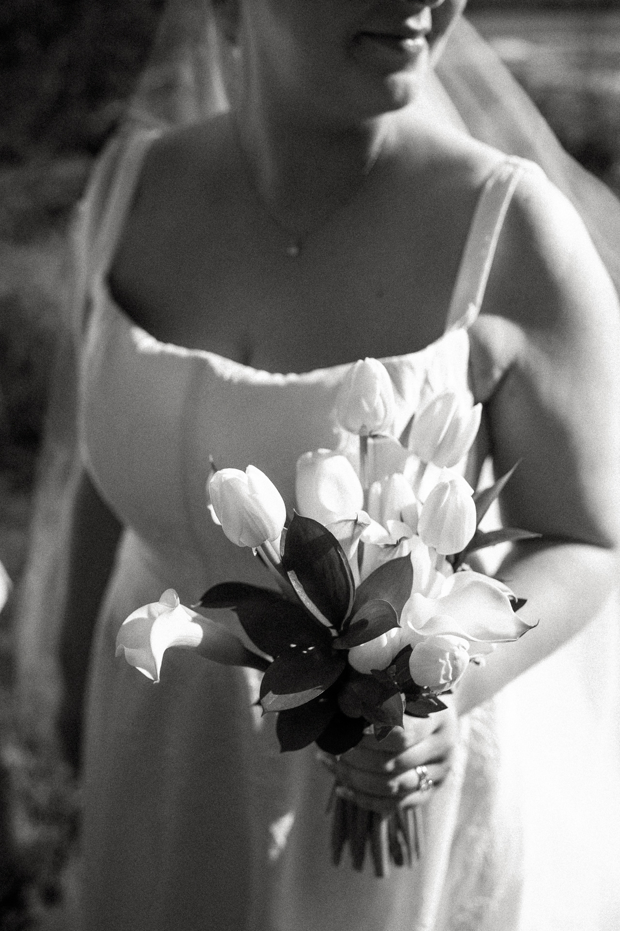 A bouquet of white tulips held in bright sunlight during a summer wedding at the Barn at the Crane Estate