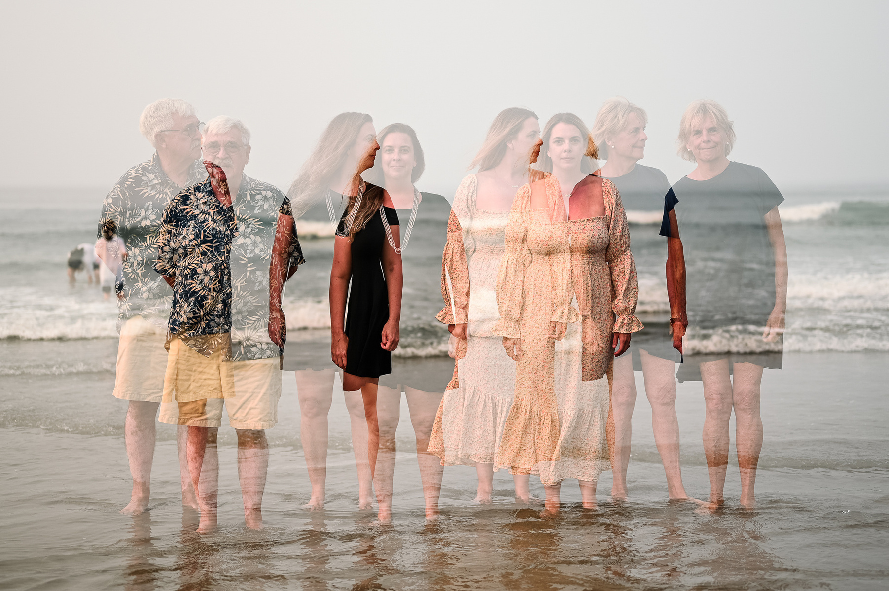 a double exposure of a family on Nantasket Beach at their Hull family photography session by Korri Leigh Photography
