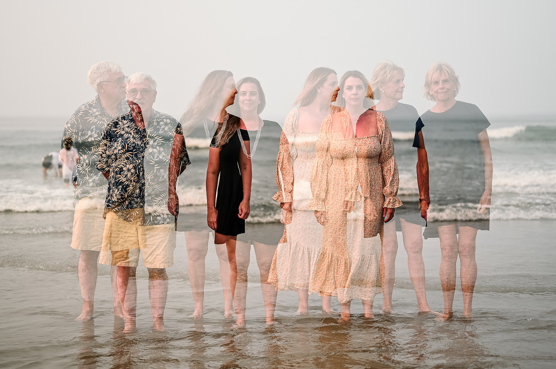 a double exposure of a family on Nantasket Beach at their Hull family photography session by Korri Leigh Photography