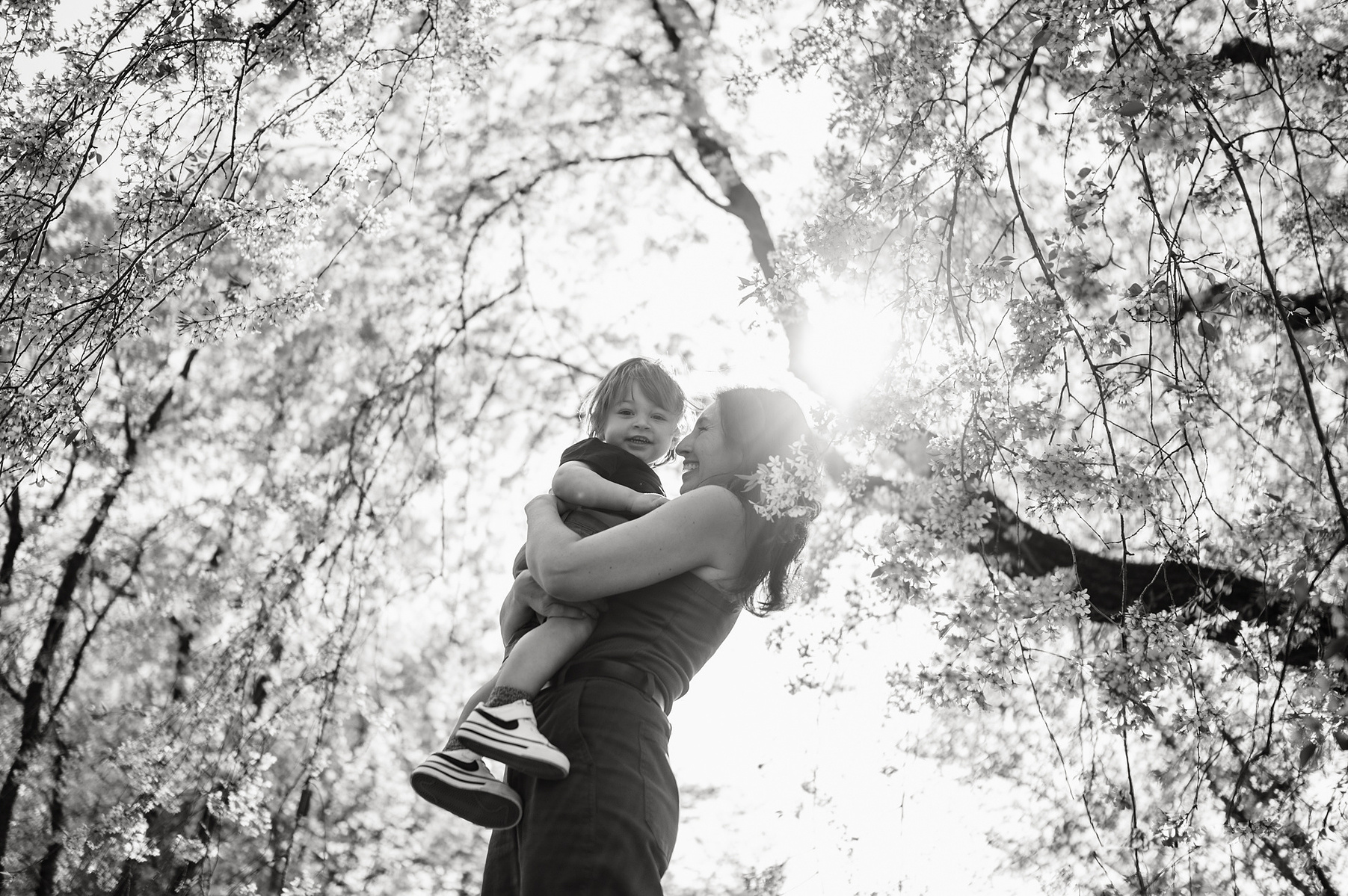 A mom and son in the flowering trees of the Arnold Arboretum in spring