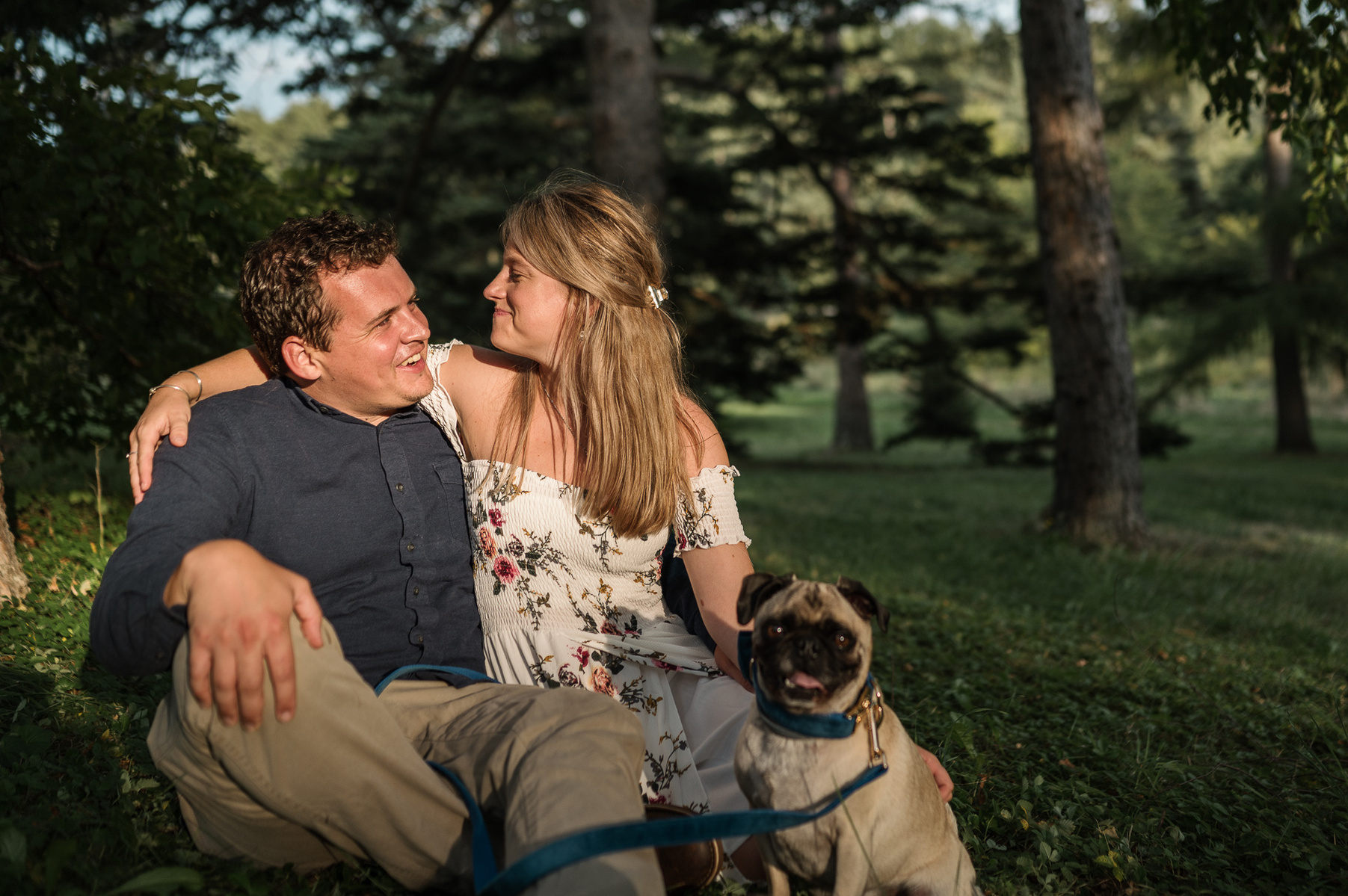 a couple cuddles with their pet pug in the sunshine at their jamaica plain engagement session