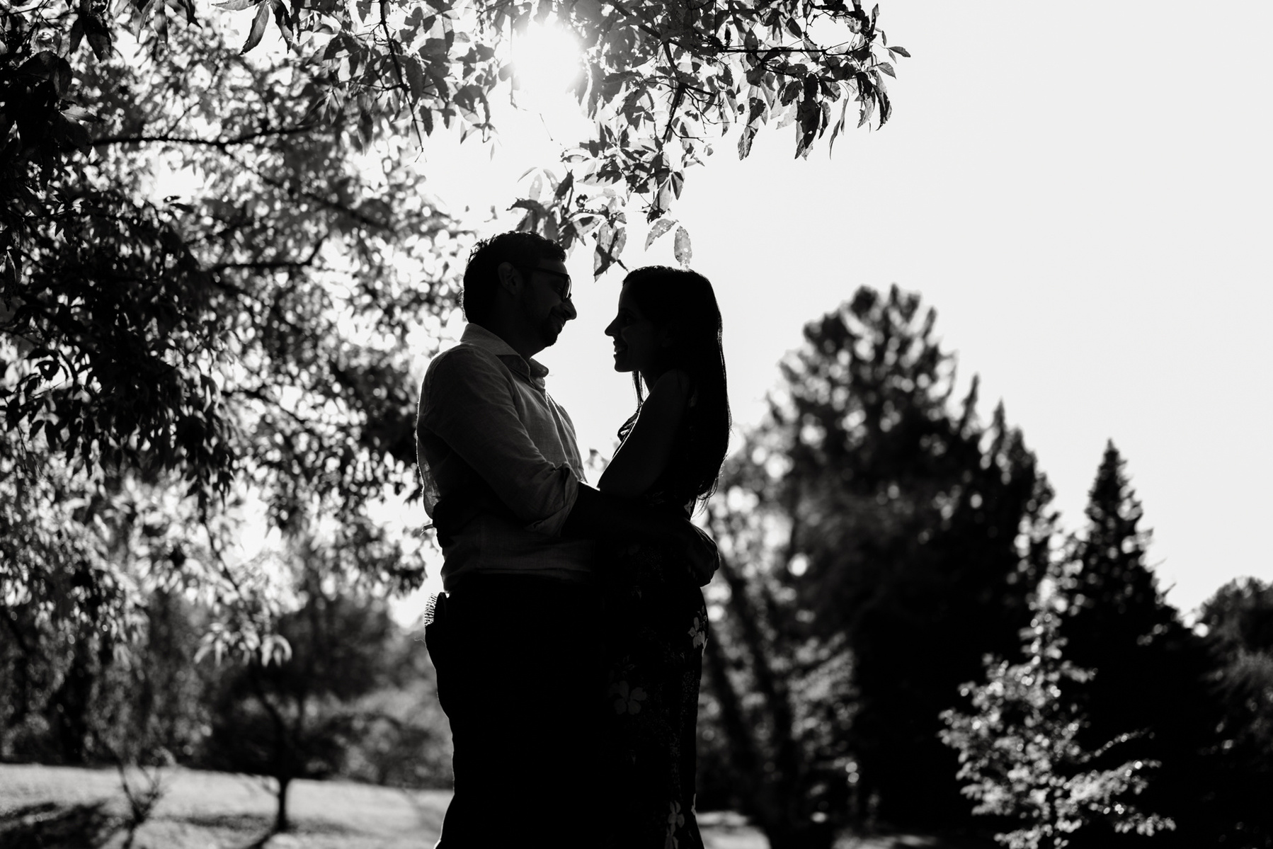 A silhouette of parents in the arnold arboretum during their boston family photography session by west roxbury family photographer korri leigh crowley