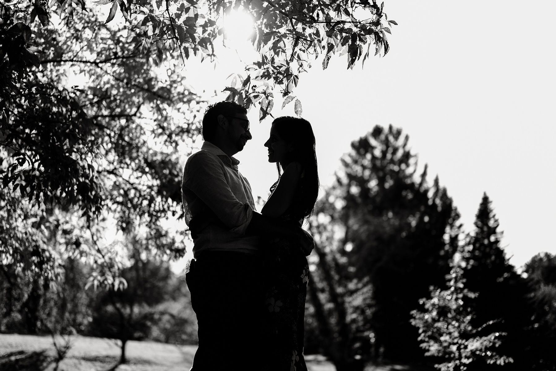 A silhouette of parents in the arnold arboretum during their boston family photography session by west roxbury family photographer korri leigh crowley