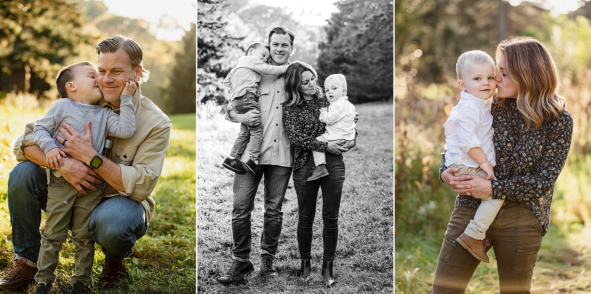 Three photos of a family posing during their Arnold Arboretum fall mini-session