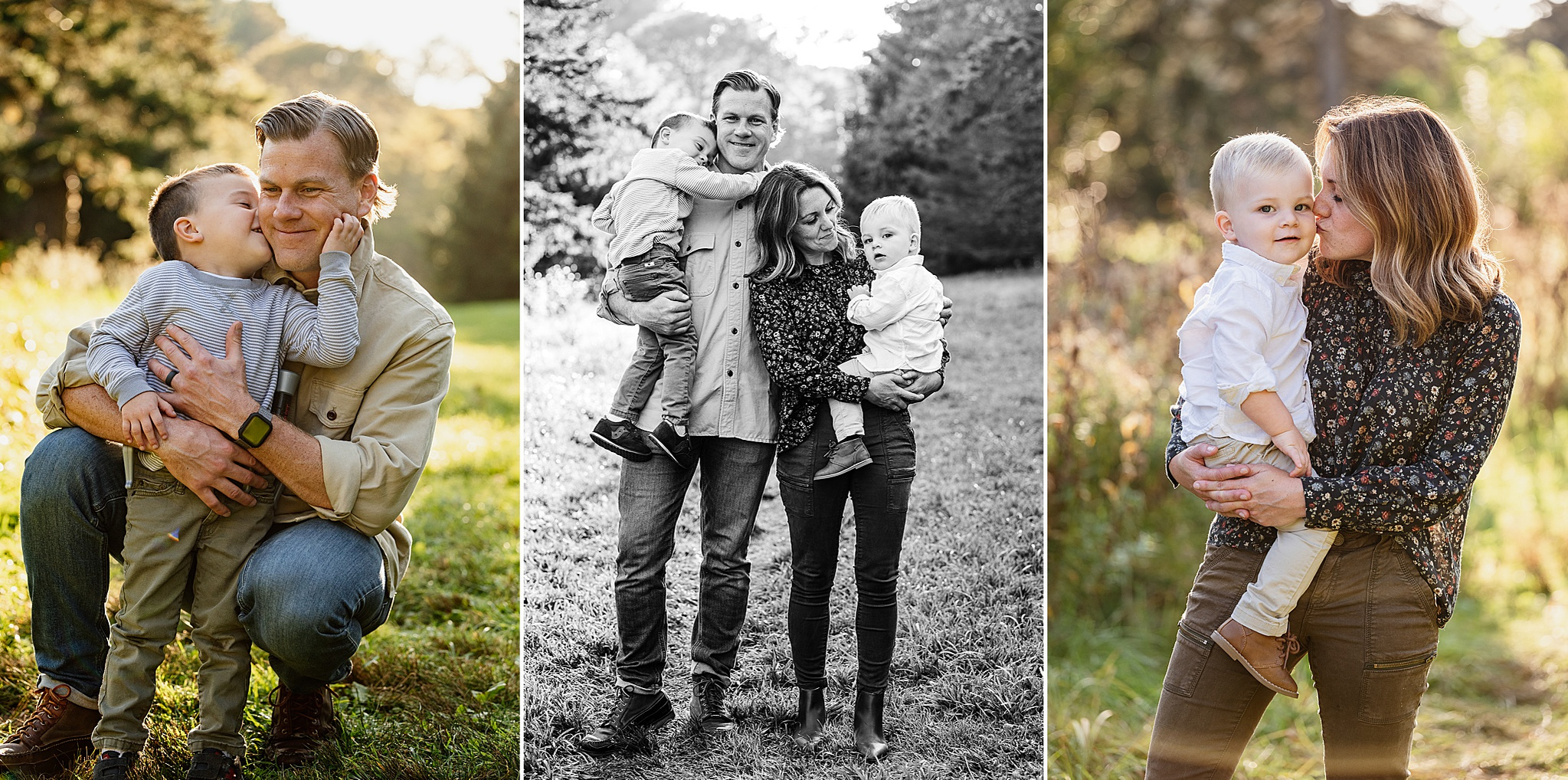 Three photos of a family posing during their Arnold Arboretum fall mini-session
