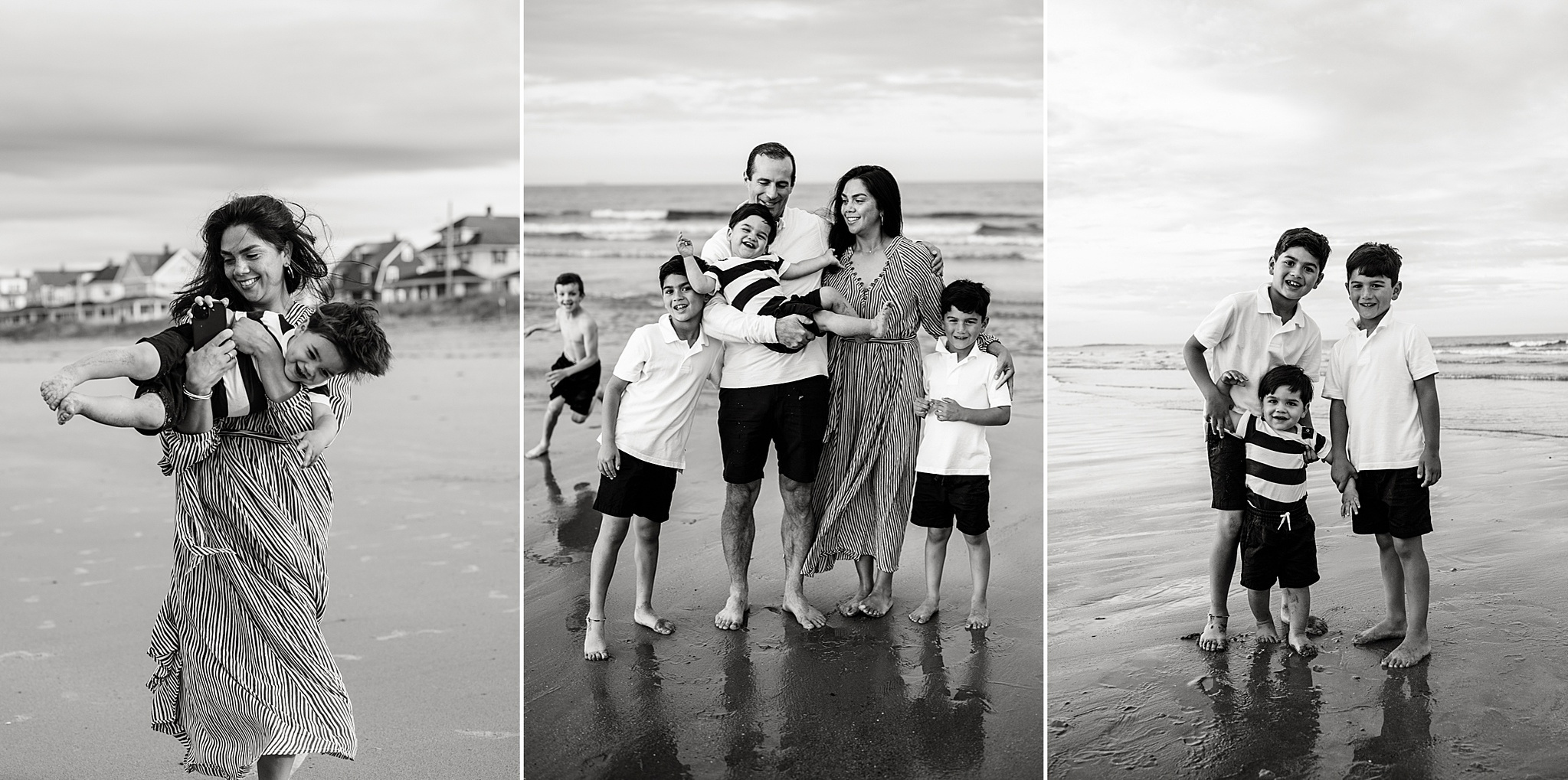 Black and white photos of a family on Nantasket Beach during their summer family photography session