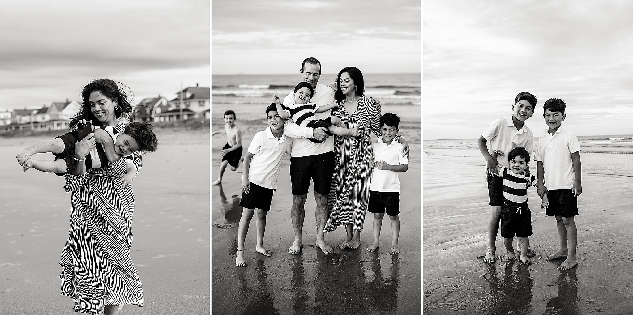 Black and white photos of a family on Nantasket Beach during their summer family photography session