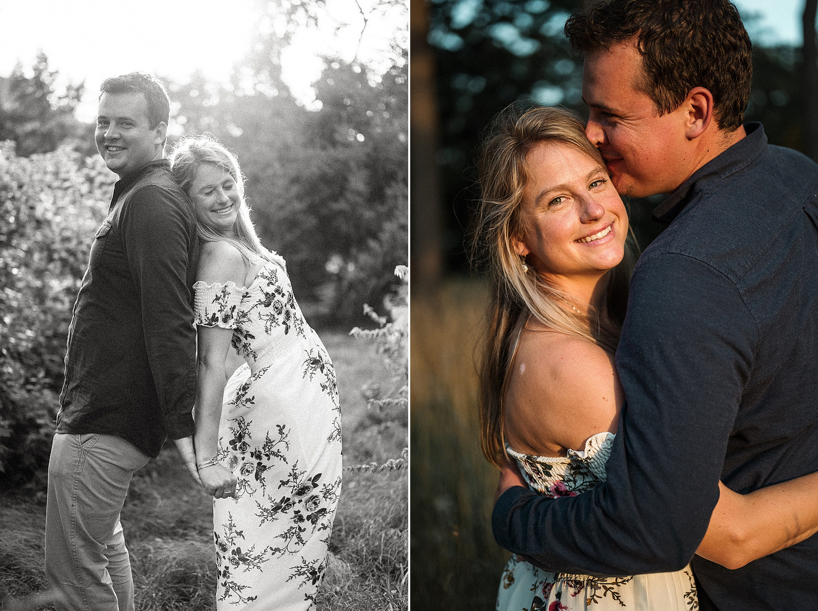 two photos of couple smiling during their spring engagement session in boston
