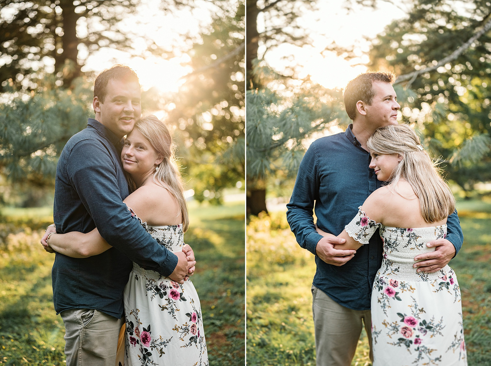 two photos of a couple embracing in golden sunshine in the arnold arboretum in boston