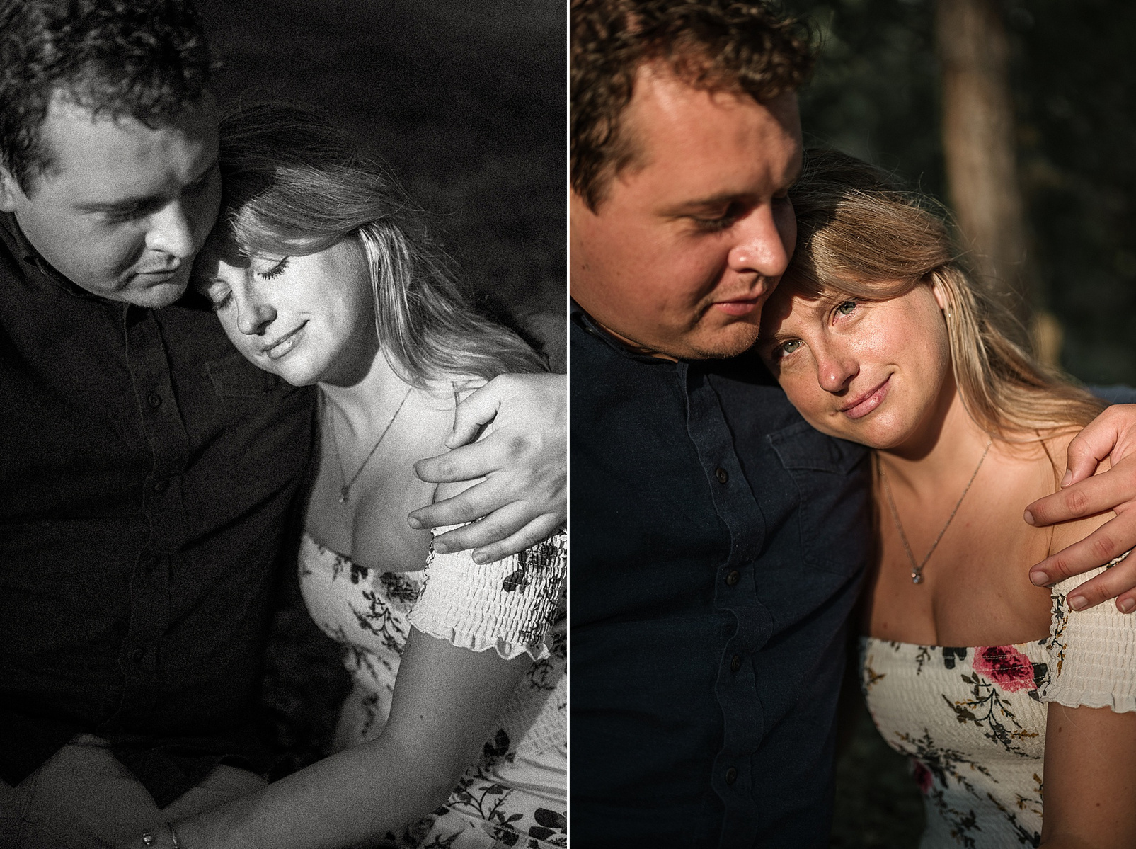 two photos of a couple cuddling in sunlight in the arnold arboretum