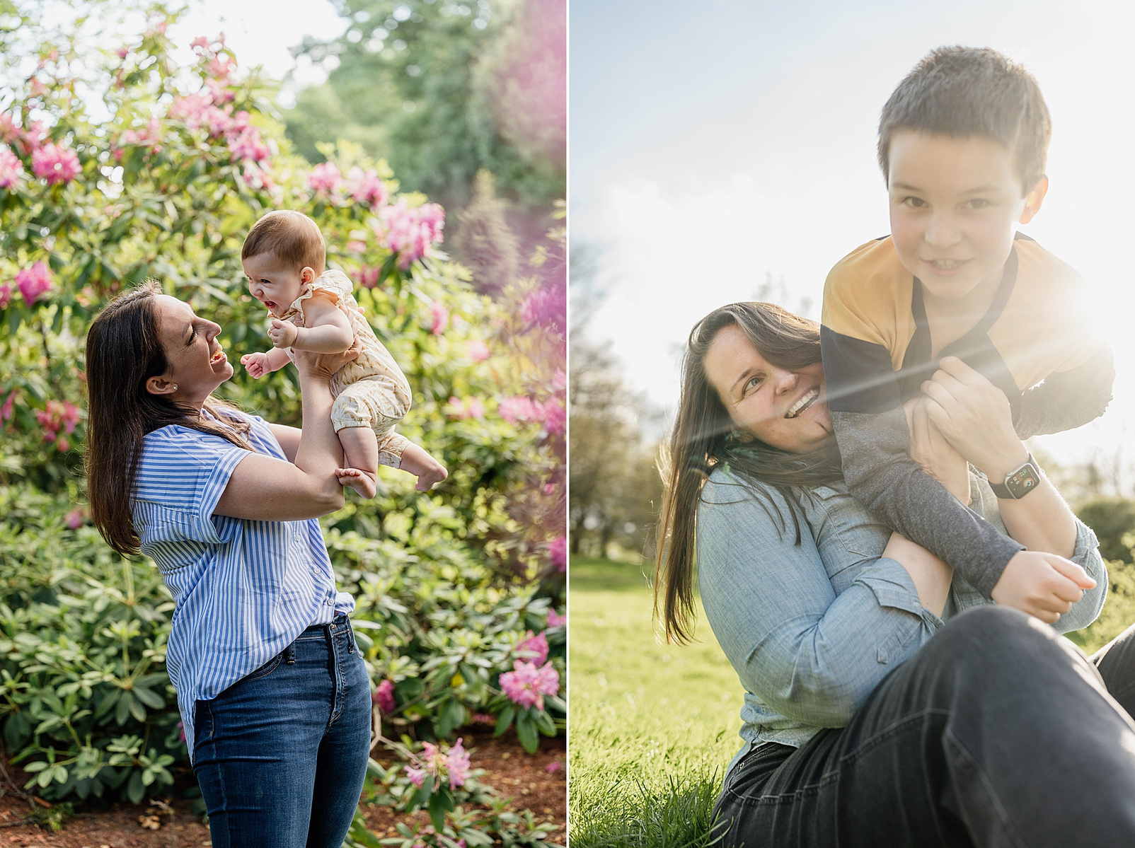 two images of mothers holding their children in the air during their boston family photography sessions