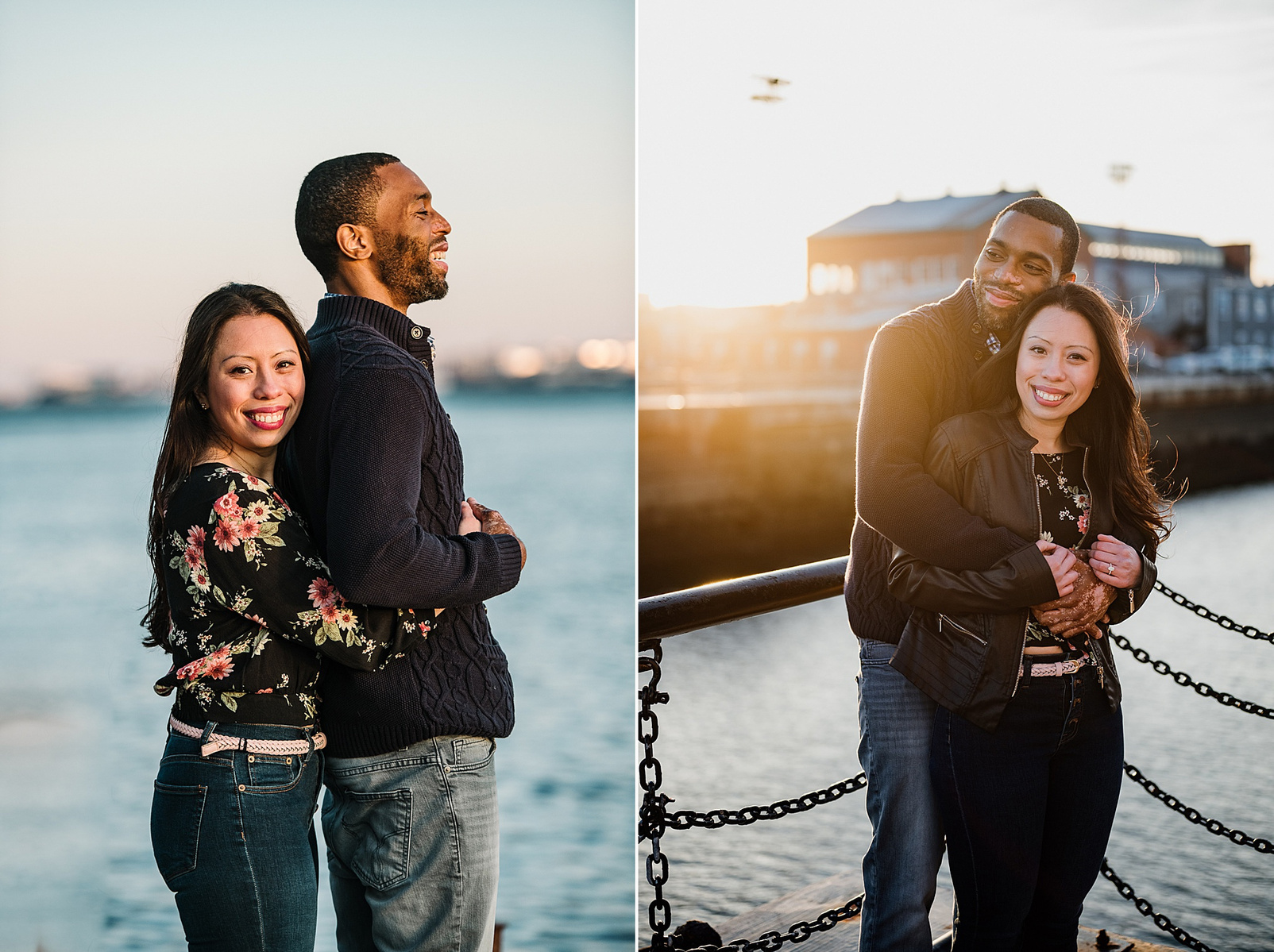 two photos of a couple cuddling in golden sunlight at their charlestown engagement photography session