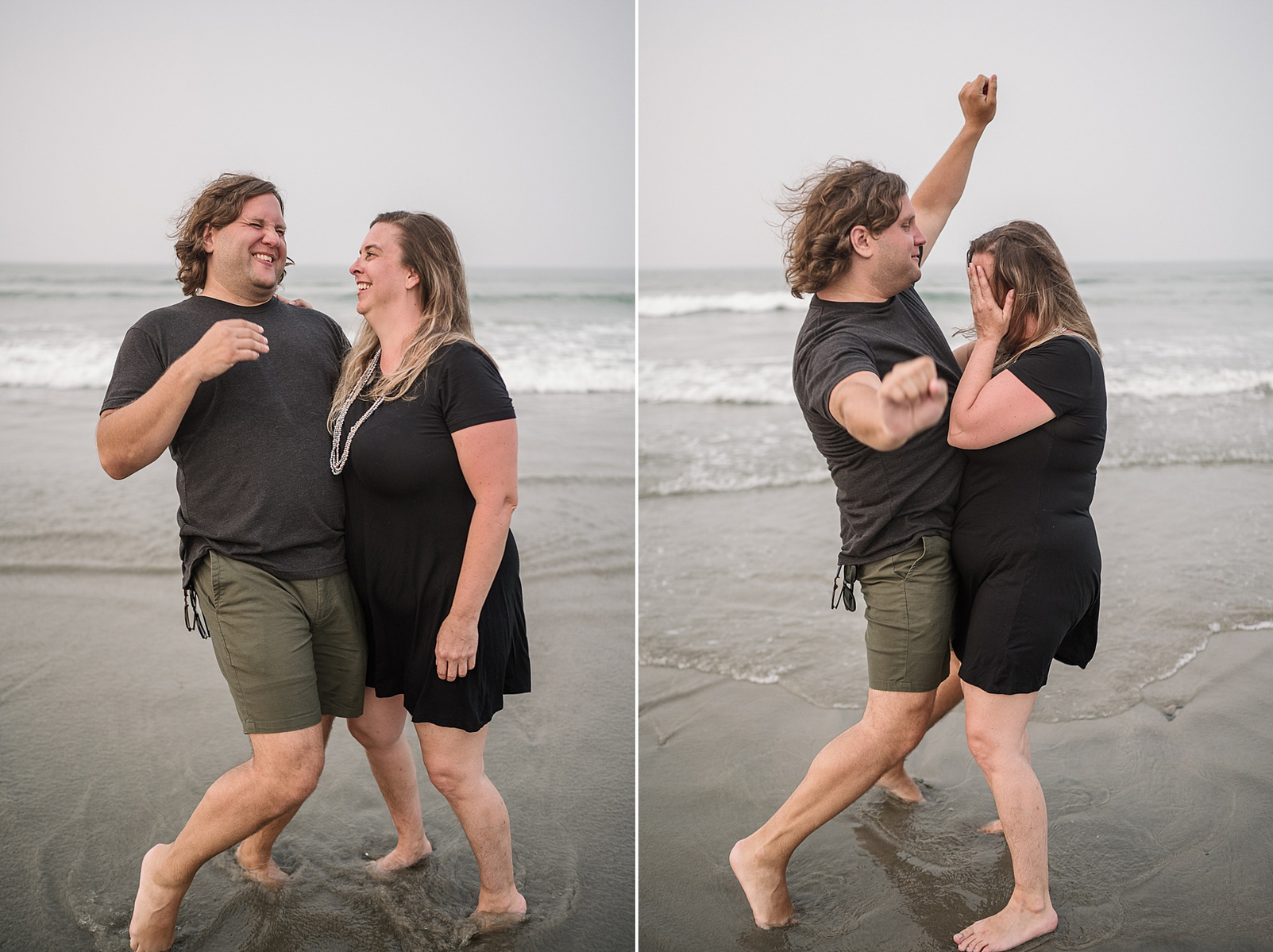 A couple laughs and plays during their nantasket beach engagement session by family photographer korri leigh photography