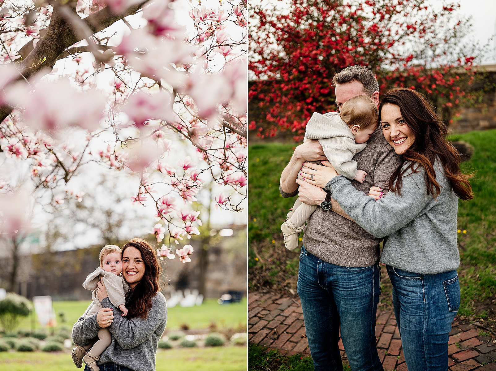 A family snuggles under a flowering tree during their boston family photography session captured by west roxbury family photographer korri leigh crowley