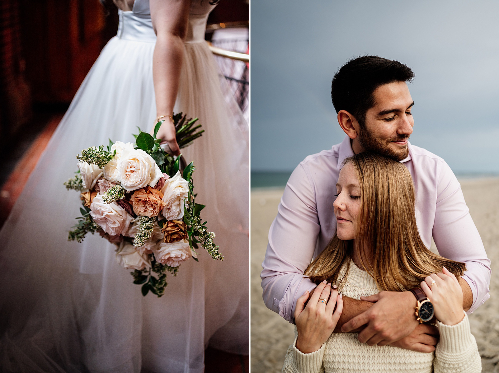 two images of a pink wedding bouquet and a couple on the beach during their rexhame beach engagement session
