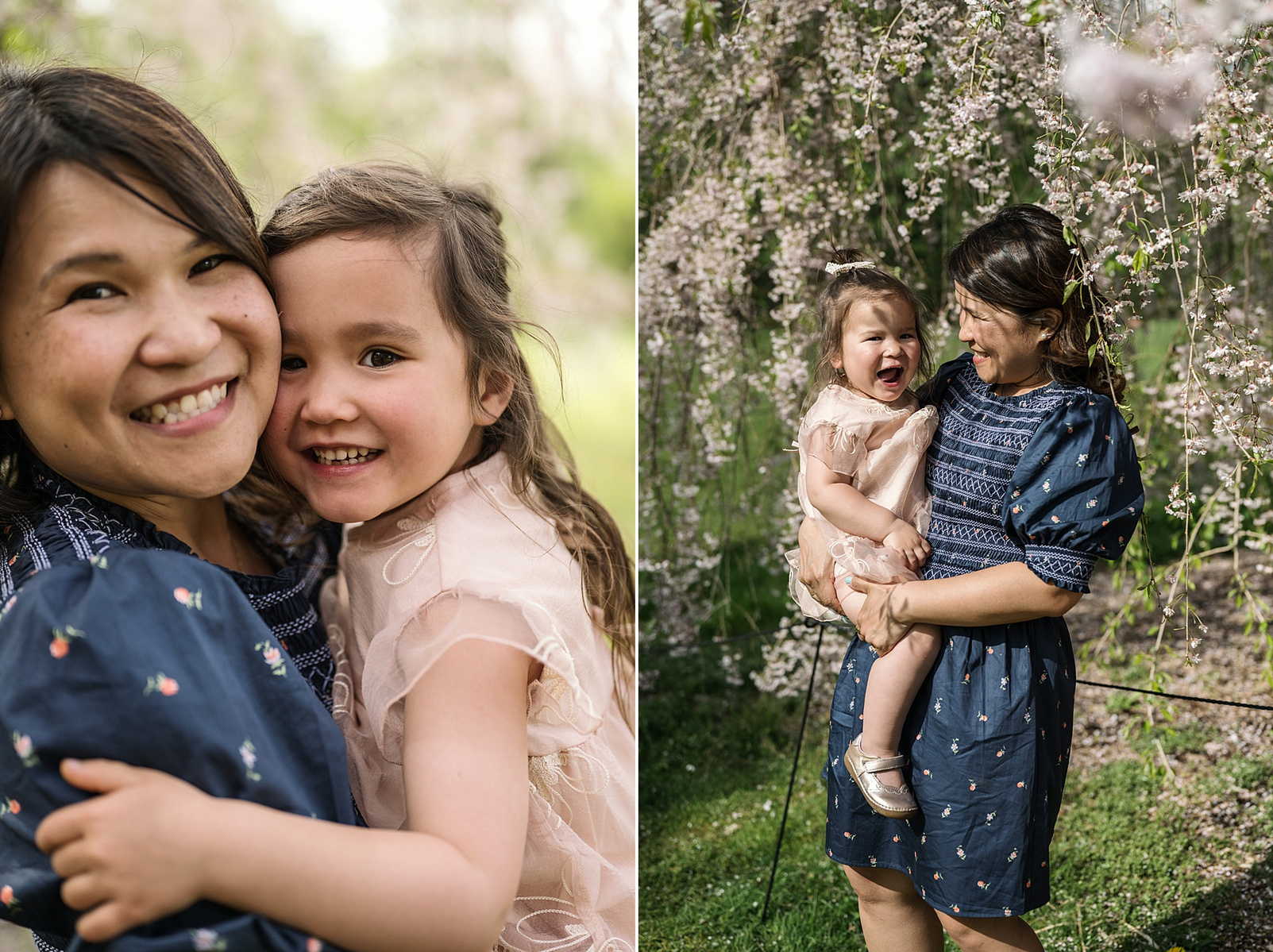 Two girls snuggle with their mother for a photo in front of pink flowering trees in Boston's Arnold Arboretum in spring.  Photo by West Roxbury family photographer Korri Leigh Photography