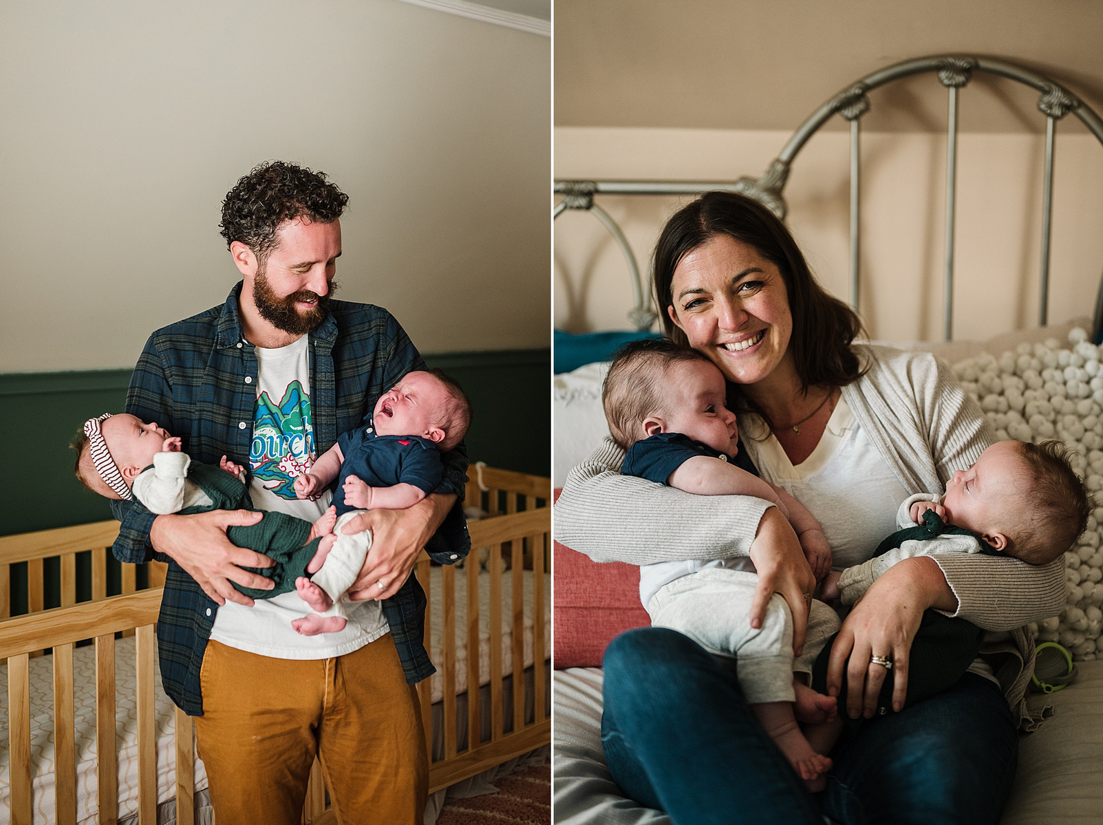 Parents snuggle and smile at their newborn twins