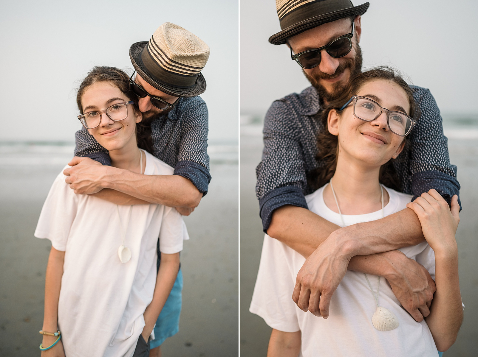 A father stands behind his son with his arms draped around his shoulders on Nantasket Beach at their Hull family photography session by Korri Leigh Photography