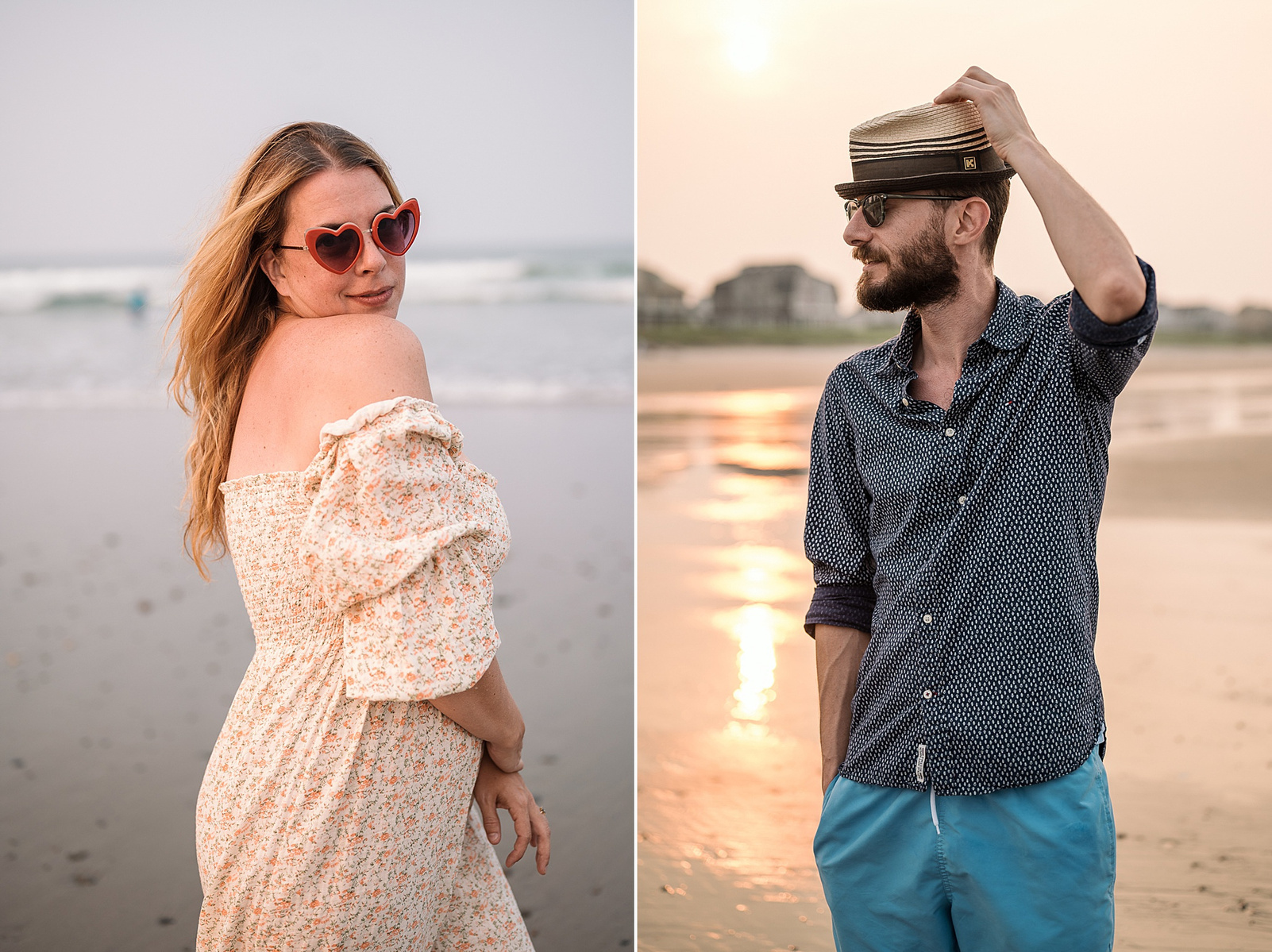 A couple poses in golden sunlight at their nantasket beach engagement session by Korri Leigh Photography