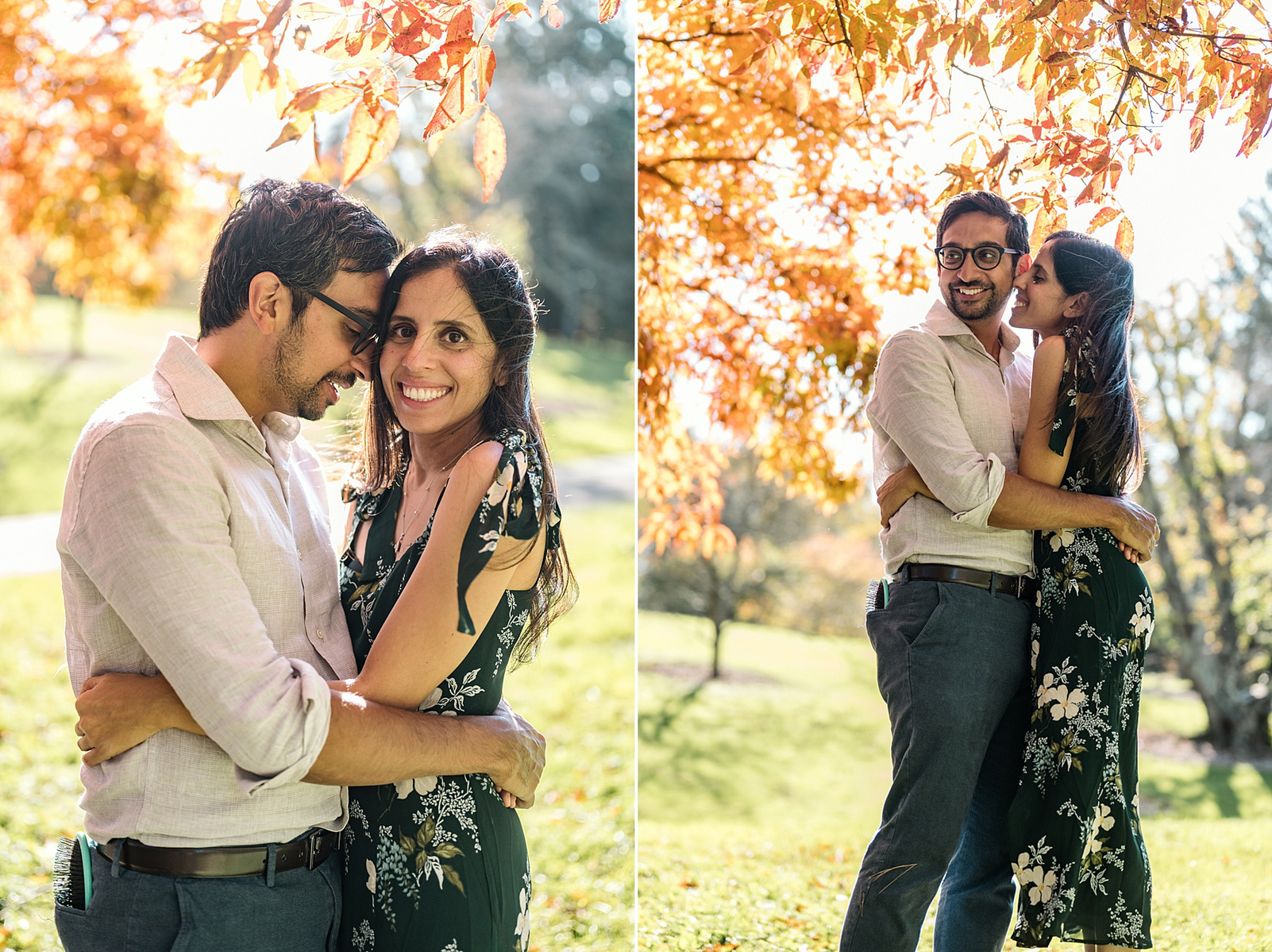 A mom and dad snuggle in the arnold arboretum during their family photography session in boston