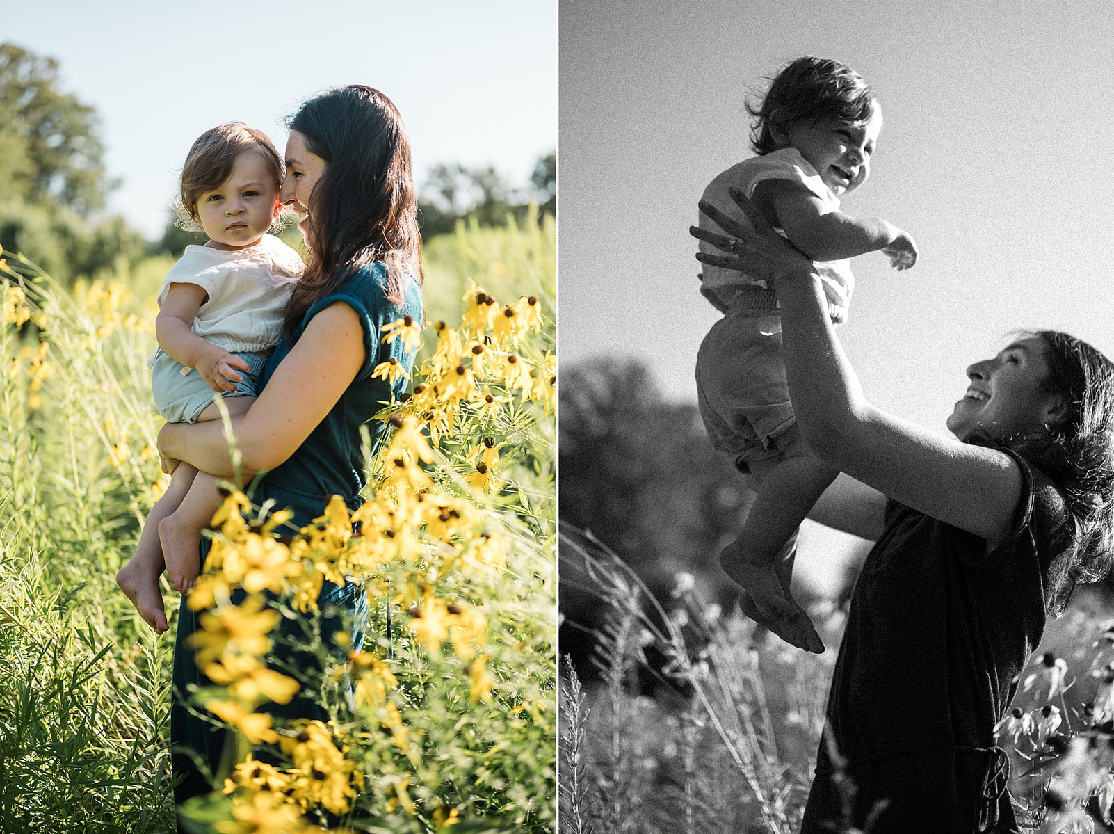 A mother and baby son in a field of flowers at Fisher Hill Reservoir Park in Brookline MA