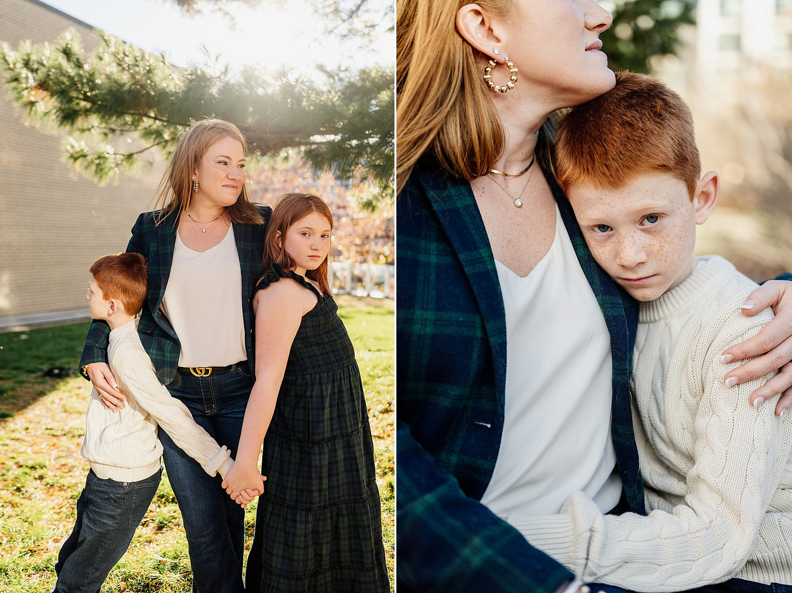 a family posing in sunlight on the MIT campus by boston family photographer korri leigh photography